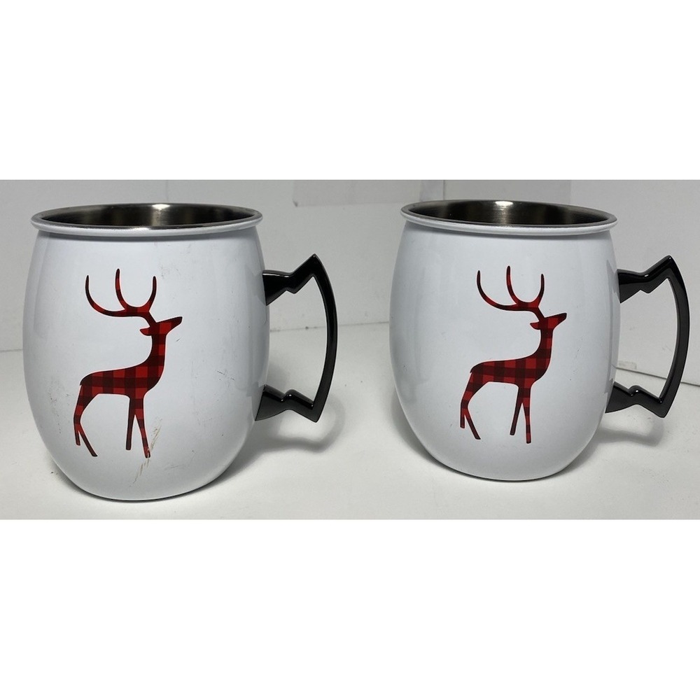 Better Homes‎ & Garden Christmas Coffee Cups Set of 2 Plaid Reindeer Stainless